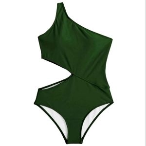 Army Green women's bathing suit one shoulder cutout